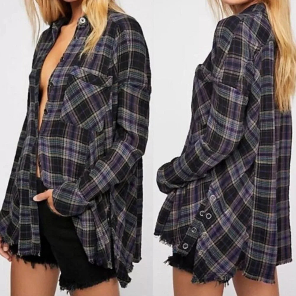 Free People Juniper Ridge Plaid Cotton Shirt Shacket Small Raw Hem Relaxed Fit
